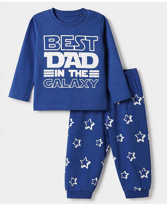 Babyhug Cotton Knit Full Sleeves T-Shirt & Pajama Night Suit with Best Dad in The Galaxy Text & Stars Print - Navy Blue
