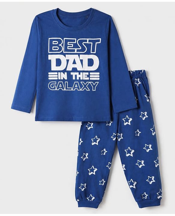 Babyhug Cotton Knit Full Sleeves T-Shirt & Pajama Night Suit with Best Dad in The Galaxy Text & Stars Print - Navy Blue