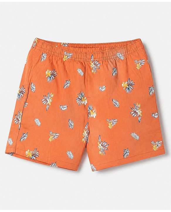 Pine Kids 100% Cotton Cambric Woven Boxers with Beach Theme & Leaf Print Pack of 2 - Blue & Orange