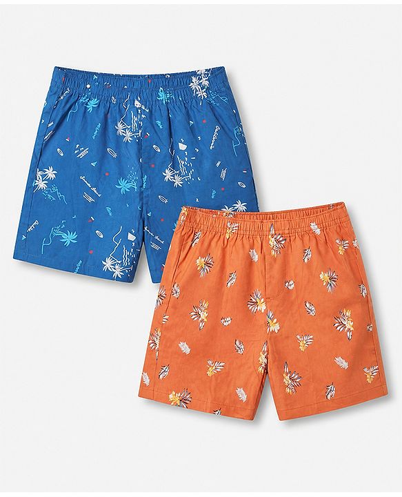 Pine Kids 100% Cotton Cambric Woven Boxers with Beach Theme & Leaf Print Pack of 2 - Blue & Orange
