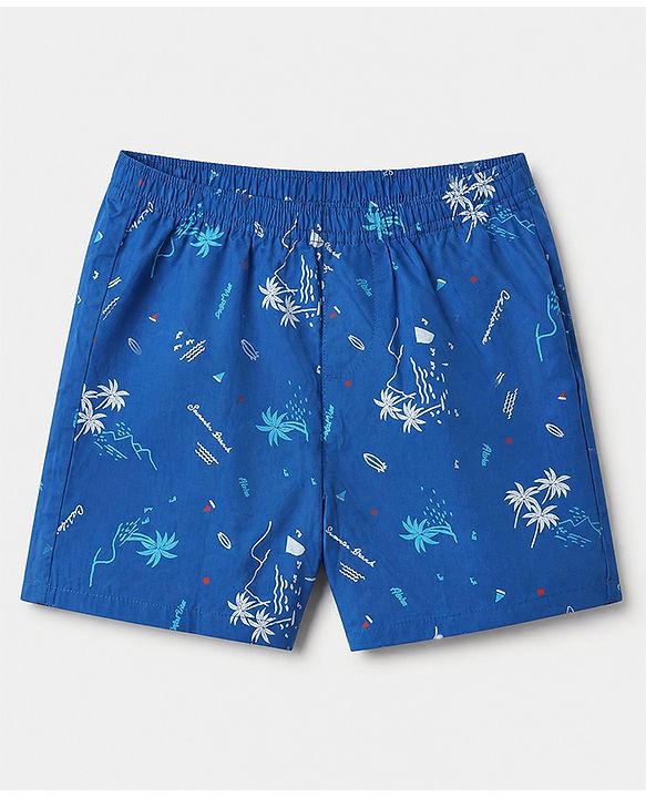 Pine Kids 100% Cotton Cambric Woven Boxers with Beach Theme & Leaf Print Pack of 2 - Blue & Orange