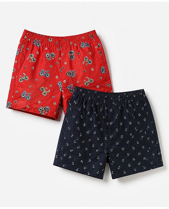 Pine Kids 100% Cotton Cambric Woven Boxers with Anchor & Bicycle Print Pack of 2 - Red & Black