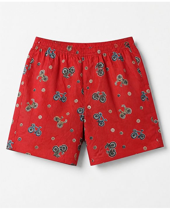 Pine Kids 100% Cotton Cambric Woven Boxers with Anchor & Bicycle Print Pack of 2 - Red & Black