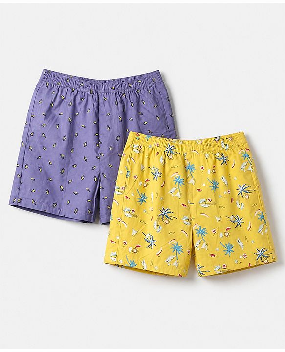 Pine Kids 100% Cotton Cambric Woven Boxers with Beach Theme & Boat Print Pack of 2 - Violet & Yellow