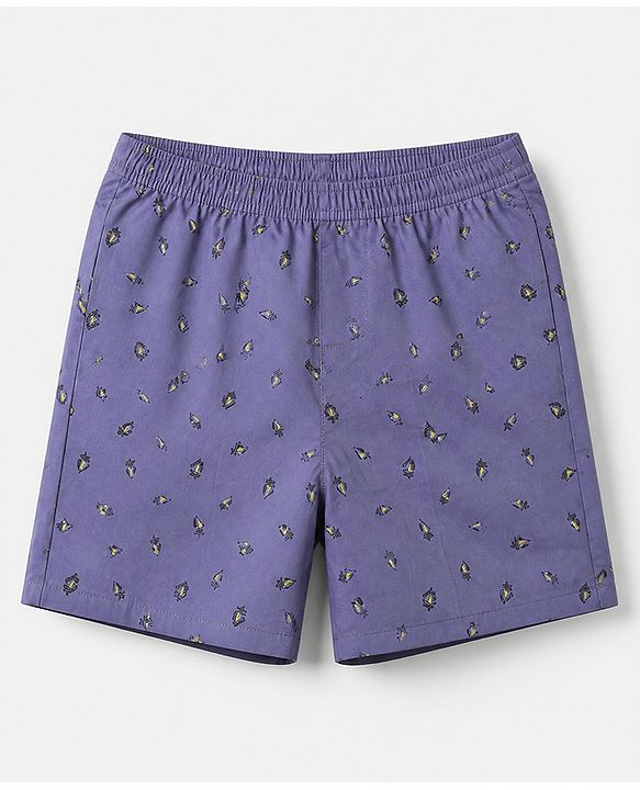 Pine Kids 100% Cotton Cambric Woven Boxers with Beach Theme & Boat Print Pack of 2 - Violet & Yellow