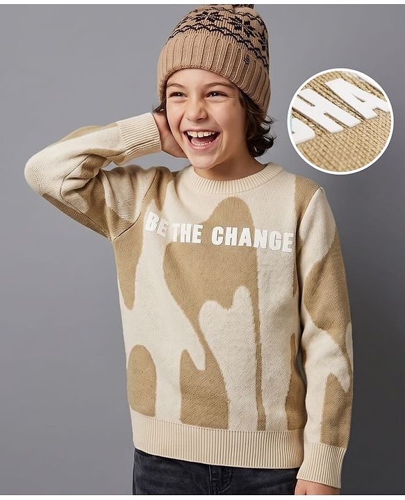 Pine Kids Knit Full Sleeves Pullover with Text & Abstract Design - Beige