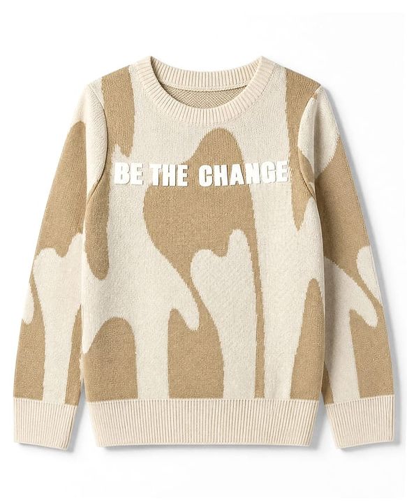 Pine Kids Knit Full Sleeves Pullover with Text & Abstract Design - Beige