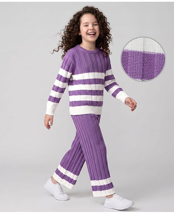 Pine Kids Knit Full Sleeves Striped Sweater Set - Purple