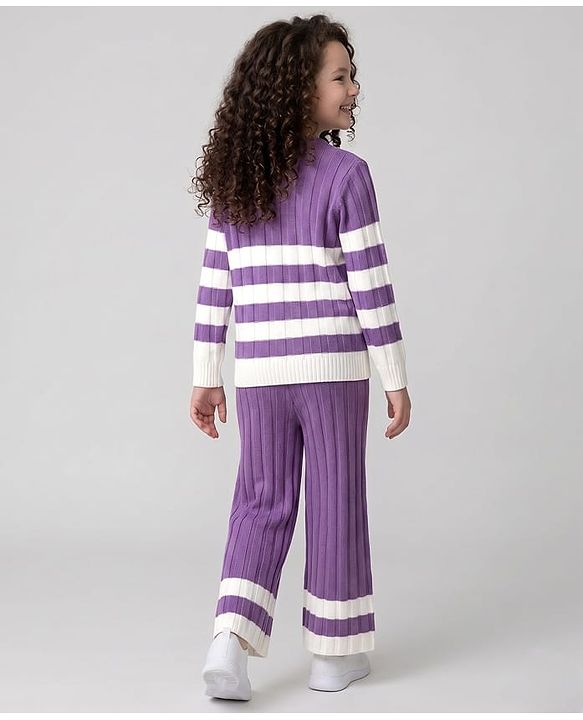 Pine Kids Knit Full Sleeves Striped Sweater Set - Purple