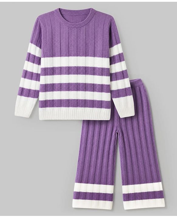Pine Kids Knit Full Sleeves Striped Sweater Set - Purple