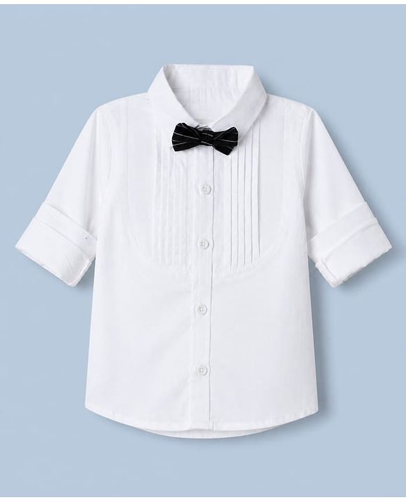 Babyhug Woven Full Sleeves Party Shirt & Pant Set With Bow & Suspender - White & Navy Blue
