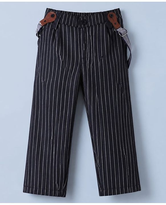 Babyhug Woven Full Sleeves Party Shirt & Pant Set With Bow & Suspender - White & Navy Blue