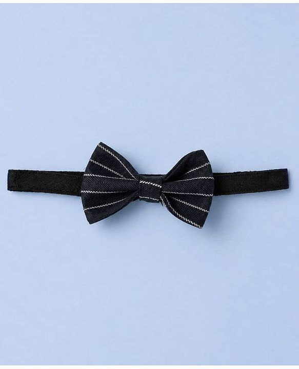 Babyhug Woven Full Sleeves Party Shirt & Pant Set With Bow & Suspender - White & Navy Blue