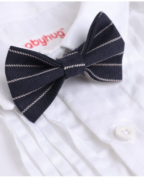 Babyhug Woven Full Sleeves Party Shirt & Pant Set With Bow & Suspender - White & Navy Blue