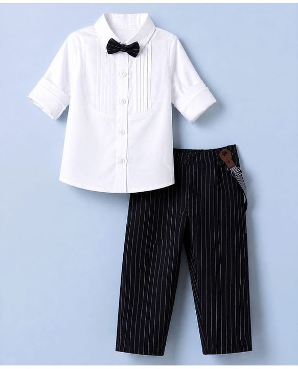 Babyhug Woven Full Sleeves Party Shirt & Pant Set With Bow & Suspender - White & Navy Blue