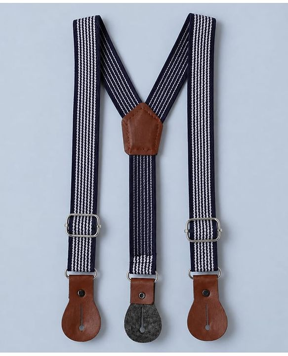 Babyhug Woven Full Sleeves Party Shirt & Pant Set With Bow & Suspender - White & Navy Blue