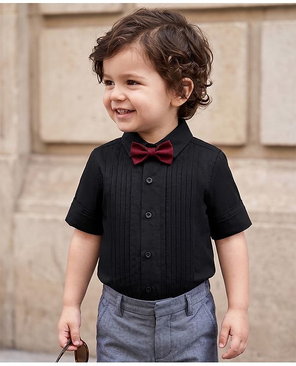 Babyhug Woven Solid Full Sleeves Party Shirt with Bow - Black