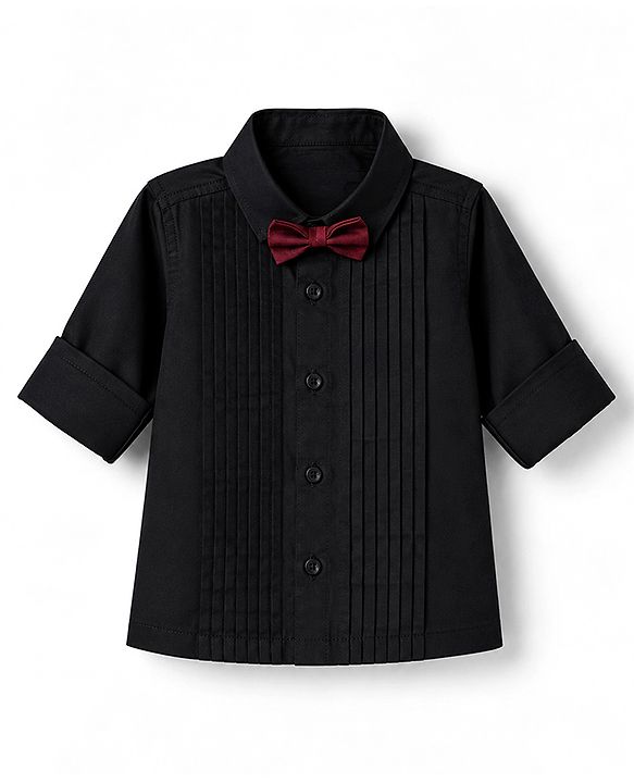 Babyhug Woven Solid Full Sleeves Party Shirt with Bow - Black
