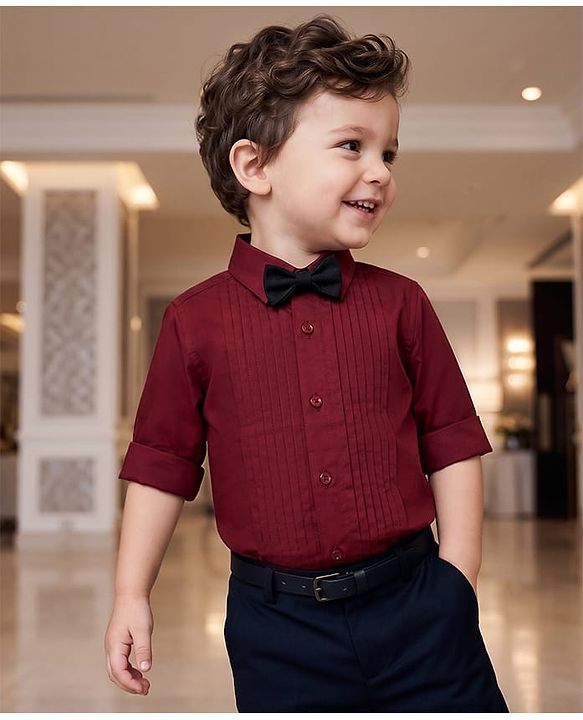 Babyhug Woven Full Sleeves Solid Party Shirt With Bow - Maroon