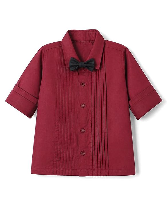 Babyhug Woven Full Sleeves Solid Party Shirt With Bow - Maroon