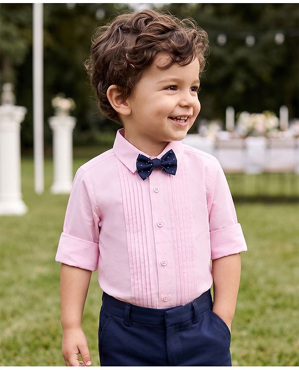 Babyhug Woven Full Sleeves Solid Party Shirt With Bow - Pink