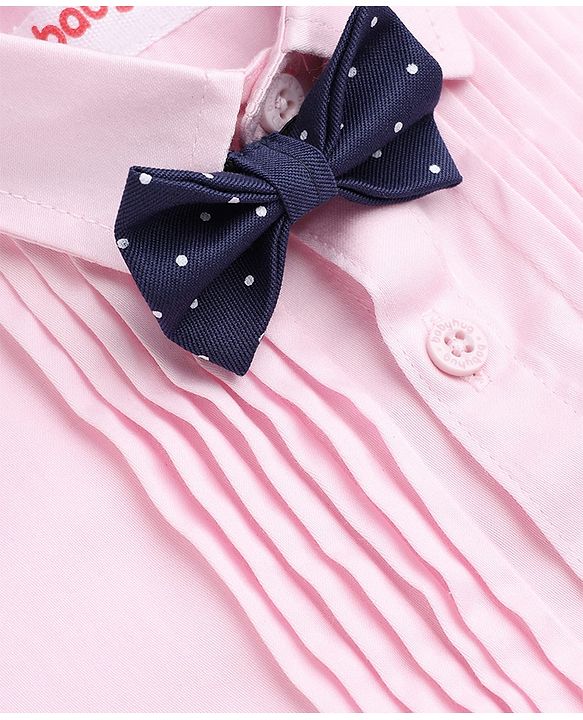 Babyhug Woven Full Sleeves Solid Party Shirt With Bow - Pink