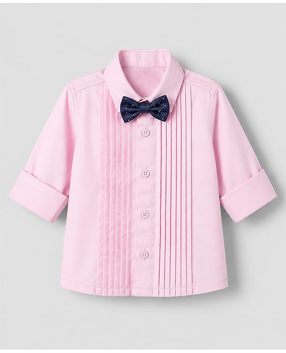 Babyhug Woven Full Sleeves Solid Party Shirt With Bow - Pink