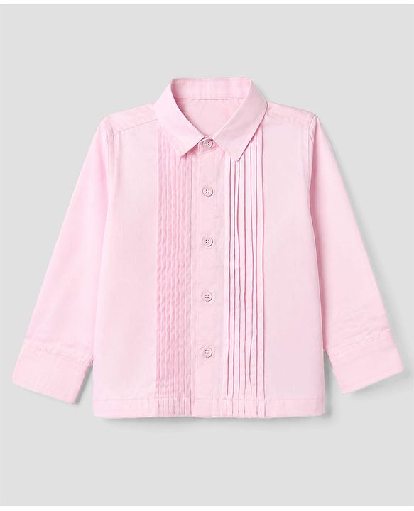 Babyhug Woven Full Sleeves Solid Party Shirt With Bow - Pink