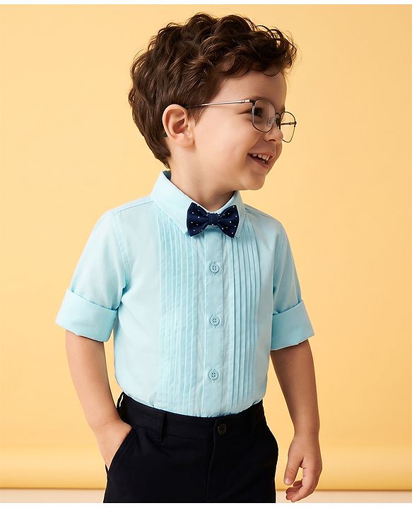Babyhug Woven Full Sleeves Solid Party Shirt With Bow - Light Blue