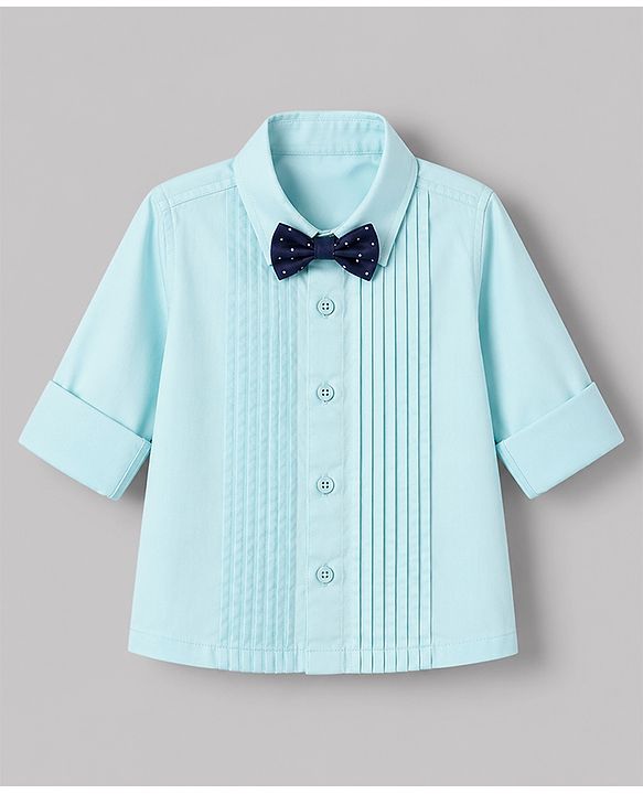 Babyhug Woven Full Sleeves Solid Party Shirt With Bow - Light Blue