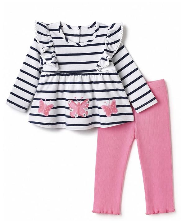 Babyhug 100% Cotton Single Jersey Knit Full Sleeves Top and Pant With Stripes Print & Butterfly Patch - White
