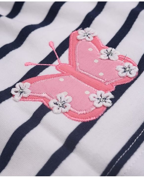 Babyhug 100% Cotton Single Jersey Knit Full Sleeves Top and Pant With Stripes Print & Butterfly Patch - White