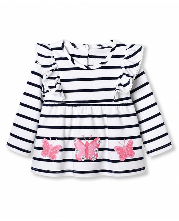 Babyhug 100% Cotton Single Jersey Knit Full Sleeves Top and Pant With Stripes Print & Butterfly Patch - White