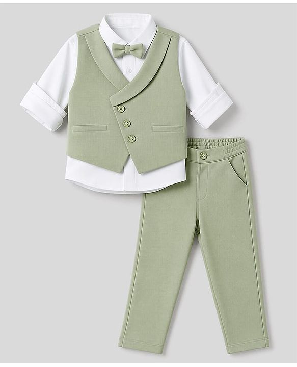 Babyhug Knit Full Sleeves Striped Four Piece Party Suit  - Light Green
