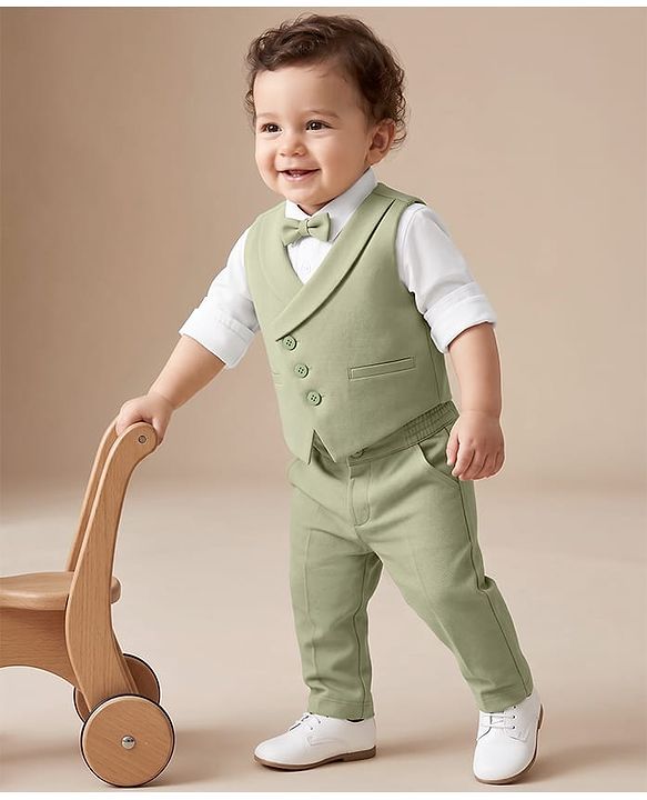 Babyhug Knit Full Sleeves Striped Four Piece Party Suit  - Light Green