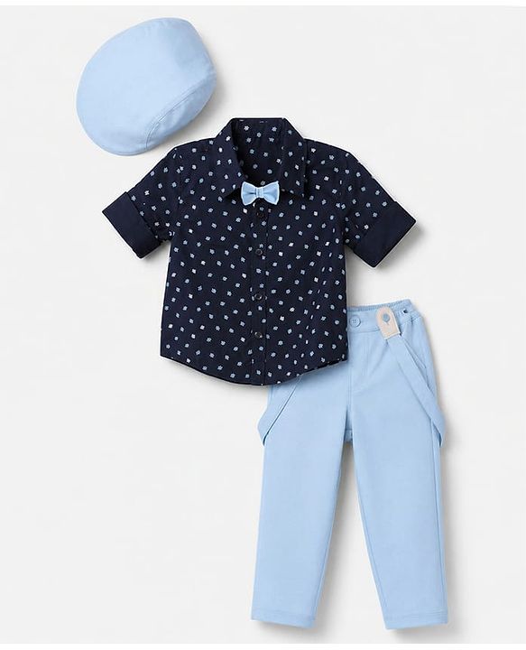 Babyhug Knit Full Sleeves 5 Piece Floral Printed Party Shirt & Trouser Set With Bow, Suspender and Cap - Navy
