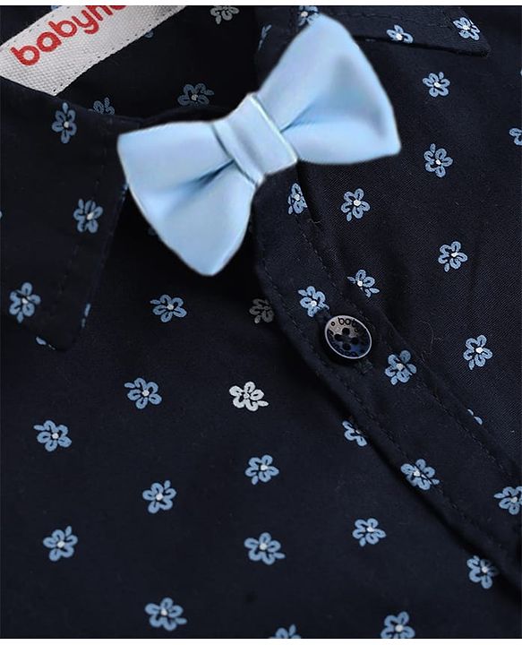 Babyhug Knit Full Sleeves 5 Piece Floral Printed Party Shirt & Trouser Set With Bow, Suspender and Cap - Navy