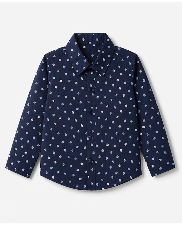 Babyhug Knit Full Sleeves 5 Piece Floral Printed Party Shirt & Trouser Set With Bow, Suspender and Cap - Navy