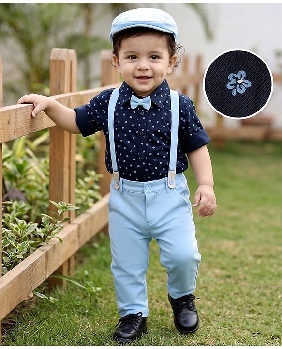 Babyhug Knit Full Sleeves 5 Piece Floral Printed Party Shirt & Trouser Set With Bow, Suspender and Cap - Navy