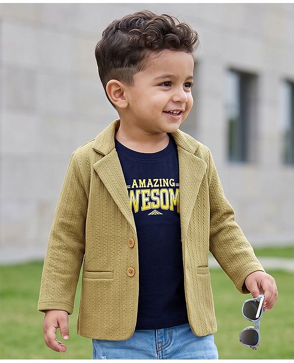 Babyhug Knit Full Sleeves Solid Blazer with Text Printed T-shirt - Beige