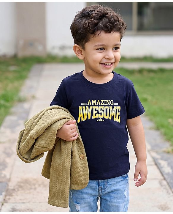 Babyhug Knit Full Sleeves Solid Blazer with Text Printed T-shirt - Beige