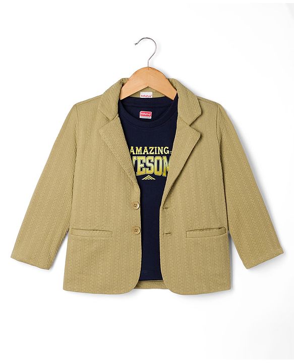 Babyhug Knit Full Sleeves Solid Blazer with Text Printed T-shirt - Beige