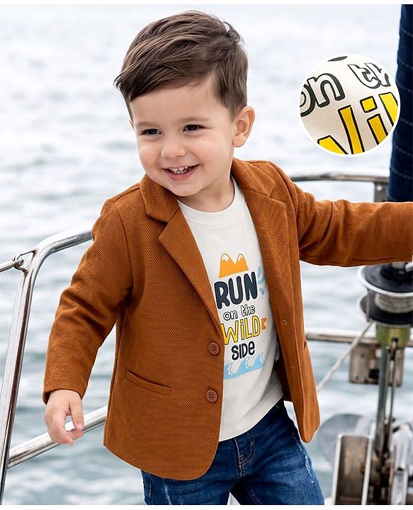 Babyhug Knit Full Sleeves Solid Blazer With Text Printed T-Shirt - Brown