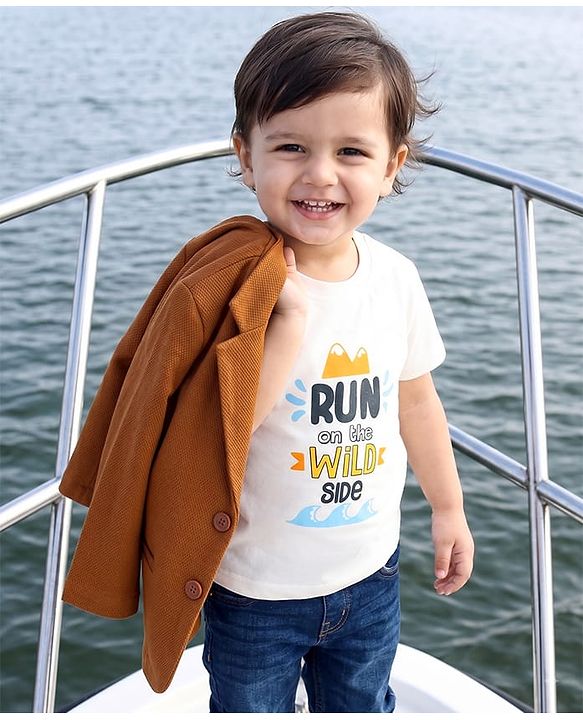 Babyhug Knit Full Sleeves Solid Blazer With Text Printed T-Shirt - Brown