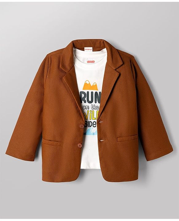Babyhug Knit Full Sleeves Solid Blazer With Text Printed T-Shirt - Brown