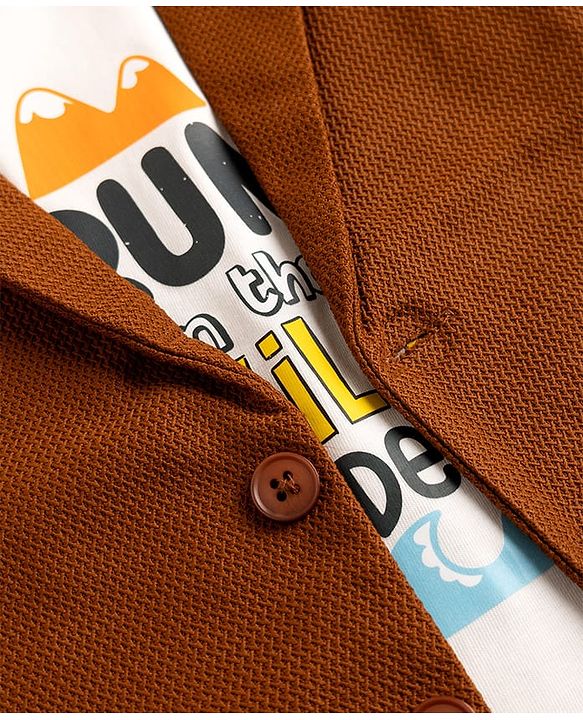 Babyhug Knit Full Sleeves Solid Blazer With Text Printed T-Shirt - Brown
