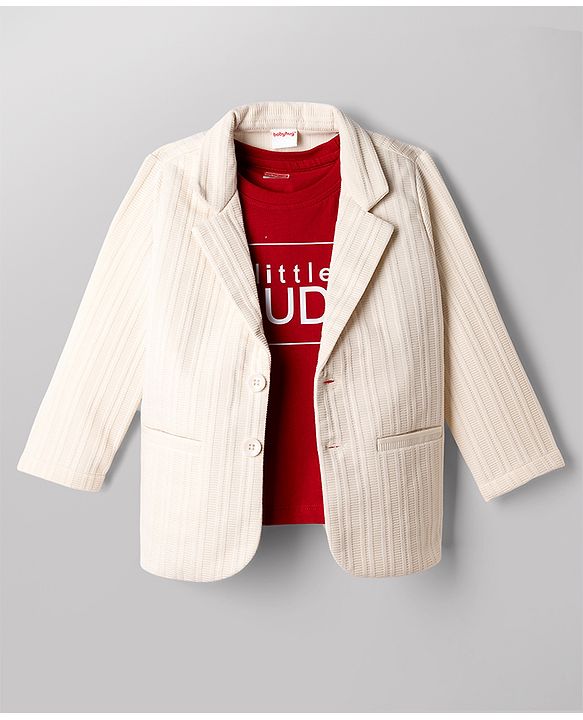 Babyhug Knit Full Sleeves Solid Blazer With Text Printed T-Shirt - Ivory