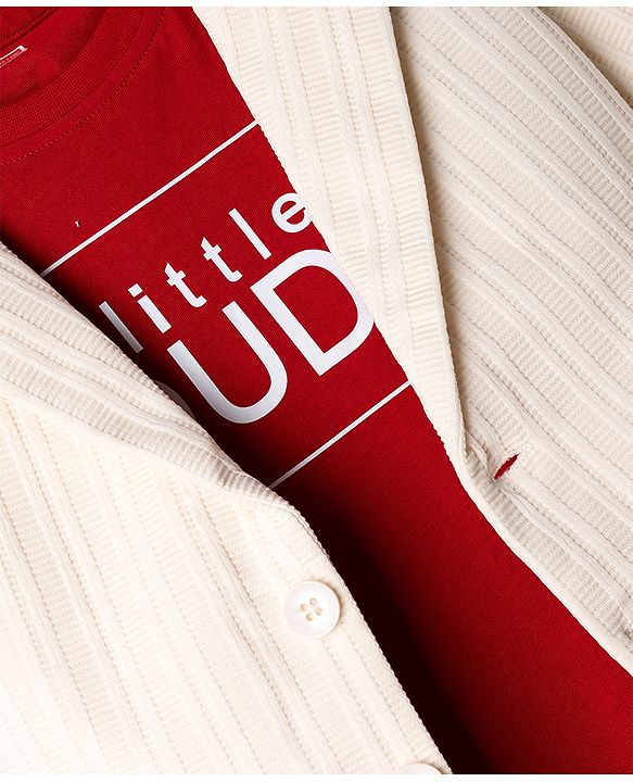 Babyhug Knit Full Sleeves Solid Blazer With Text Printed T-Shirt - Ivory