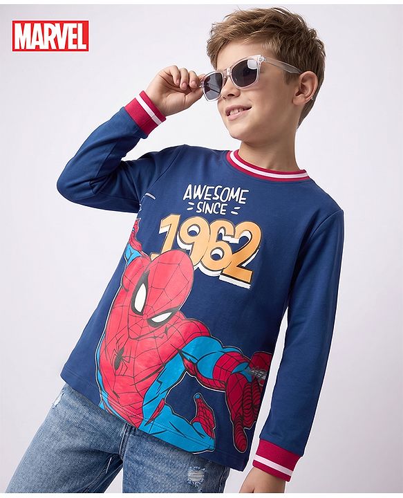 Pine Kids Marvel 100% Cotton Terry Knit Full Sleeves T-Shirt with Spiderman Graphic - Navy Blue