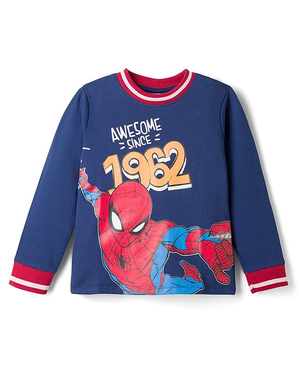 Pine Kids Marvel 100% Cotton Terry Knit Full Sleeves T-Shirt with Spiderman Graphic - Navy Blue